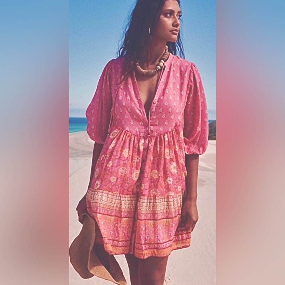 Spell & The Gypsy Collective Utopia Cotton Tunic Dress Flamingo Pink Size S NWT